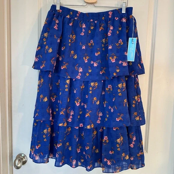 NEW Draper James RSVP Tiered Floral Ruffle Cobalt Blue Midi Skirt, Large - Picture 5 of 12